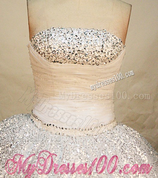 Unique Strapless Ruched Bust White Sequined Quinceanera Dress